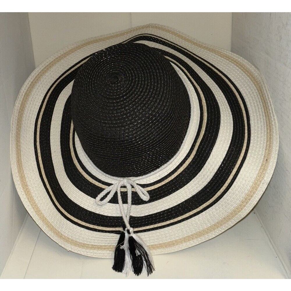 INC International Concepts Striped Wide Brim Floppy Sun Hat Black White Tassel